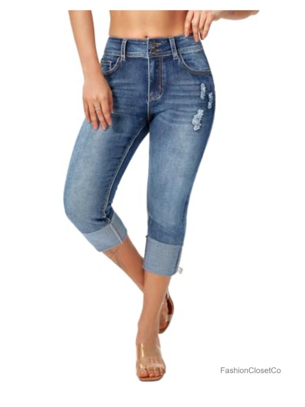 Stretchy Skinny Capri Jeans with Distressed Cuffed Hem